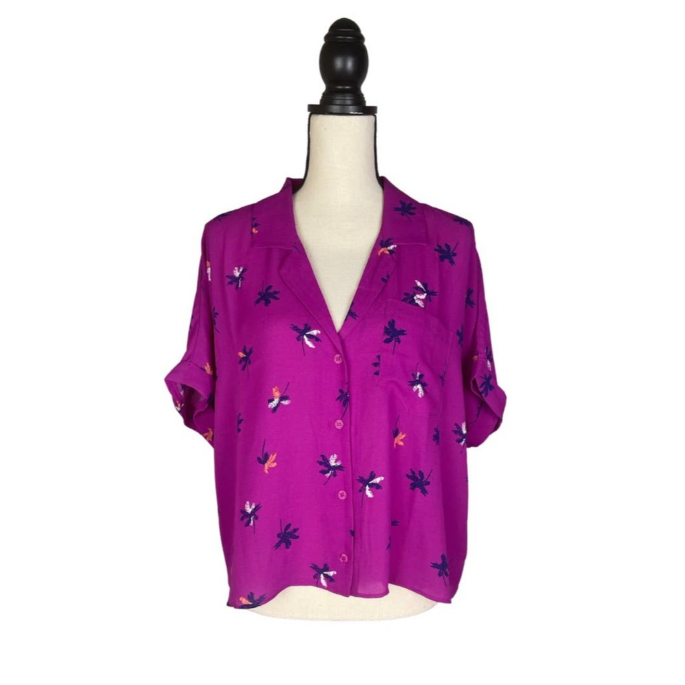 Abound Purple Fuschia Palm Print Short Sleeve Loose Crop Blouse Size L Large New